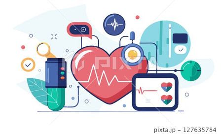 The image showcases a high-tech wearable heart monitor, highlighting its capabilities for continuous heart rate monitoring, data analysis, and integration with other health apps, creating a powerful 127635784