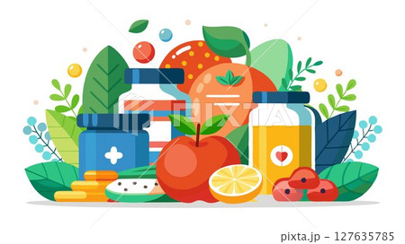 This image showcases a variety of vitamins and supplements, highlighting the diverse range of nutritional support available to promote health and wellness, offering a compelling visual for health and 127635785