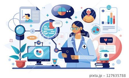 The image portrays a futuristic concept of telemedicine, highlighting the seamless integration of advanced communication, diagnostic, and monitoring tools to provide remote medical consultations and The image portrays a futuristic concept of telemedicine, highlighting the seamless integration of advanced communication, diagnostic, and monitoring tools to provide remote medical consultations and 127635788