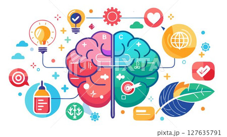 This image showcases a colorful infographic on brain health, highlighting key factors contributing to cognitive wellness and emphasizing preventative strategies for maintaining optimal brain function 127635791