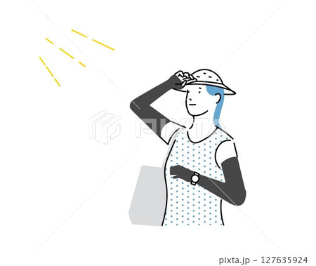 太陽の日差しを浴びる女性ー夏ー手袋や帽子で紫外線から肌を守るー人物のイラスト素材 127635924