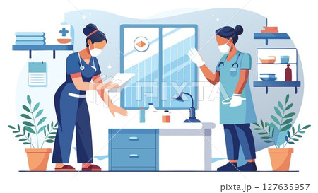 This image depicts a nurse demonstrating the correct handwashing steps, showcasing the importance of thorough hand hygiene in preventing the transmission of infectious diseases, providing a compellin 127635957