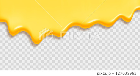 Yellow honey or ice cream melt dripping on transparent background - golden liquid flow with smooth wavy edges. Sweet dessert topping for food graphics, summer treat designs or confectionery packaging. 127635963