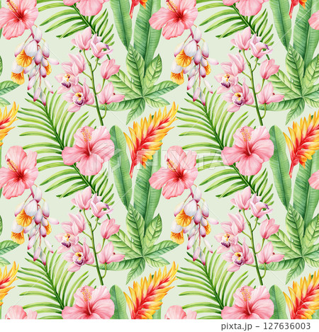 Tropical floral seamless pattern with pink hibiscus orchids palm leaves and ginger flowers Vintage exotic background for design 127636003