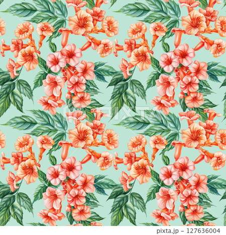 Watercolor seamless pattern with trumpet vine flowers and green leaves on white background Watercolor seamless pattern with trumpet vine flowers and green leaves on white background 127636004