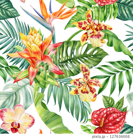 Tropical seamless pattern with watercolor orchids anthuriums bird of paradise and jungle leaves for wallpaper, background, texture 127636008