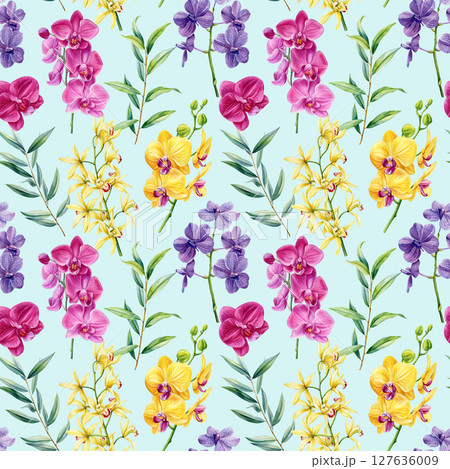 Watercolor orchid seamless pattern with pink yellow and purple phalaenopsis flowers and green leaves Summer pants Watercolor orchid seamless pattern with pink yellow and purple phalaenopsis flowers and green leaves Summer pants 127636009