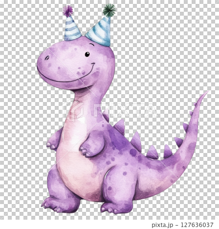 Happy purple dinosaur birthday watercolor png clipart isolated on white background. 127636037