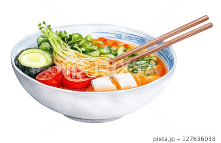 Udon japanese noodle in bowl watercolor PNG clipart isolated on white background. Udon japanese noodle in bowl watercolor PNG clipart isolated on white background. 127636038