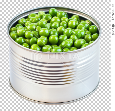 Green peas vegetable  in open can for cooking transparent PNG isolated on white background. 127636046