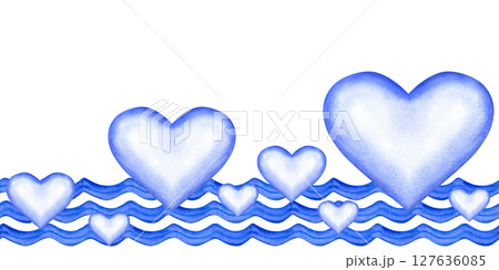 Blue waves and hearts seamless pattern in blue-and-white Delftware style for textile, souvenirs, postcards, kitchen decor nostalgic, romantic 127636085