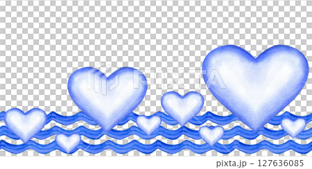 Blue waves and hearts seamless pattern in blue-and-white Delftware style for textile, souvenirs, postcards, kitchen decor nostalgic, romantic 127636085
