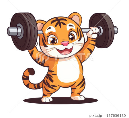 Cute tiger lifting a barbell cartoon transparent PNG isolated on white background. Cute tiger lifting a barbell cartoon transparent PNG isolated on white background. 127636180