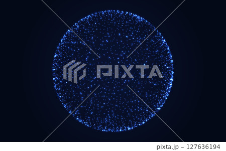 Sphere of particles. Glowing blue globe of dots on dark background. Futuristic digital circle design for tech, data or science theme. Data connection visualization. Vector Illustration 127636194