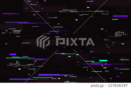 Digital glitch effect with violet and green lines. White distortion elements on black background. Bad video signal. Futuristic tech error screen. Abstract pixel noise. Vector Illustration 127636197