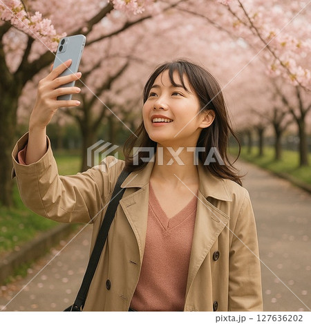 Blossom selfie, 桜舞う並木道で旅の笑顔を撮影 127636202