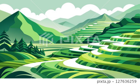 The image portrays rice terraces, their verdant hues and intricate patterns accentuated by the diffused white atmosphere, creating a visually appealing and versatile image suitable for various applic 127636259