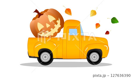 A bright orange truck drives through an autumn landscape, featuring a large carved pumpkin in its bed. Halloween. Colorful leaves fall gently, creating a festive seasonal atmosphere 127636390