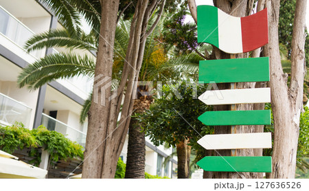 Empty green and white direction sign with Italian flag on tree, copy space. Travel guidance, Mediterranean tourism and city navigation near coastal resort. 127636526