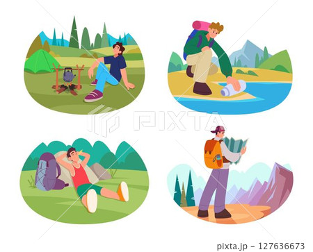 Hiker. Solo male travellers outdoor backpacker wild lifestyle tourist exact vector camping illustrations in cartoon style Hiker. Solo male travellers outdoor backpacker wild lifestyle tourist exact vector camping illustrations in cartoon style 127636673