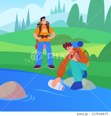 Tourists near water. happy travellers with backpack 127636675