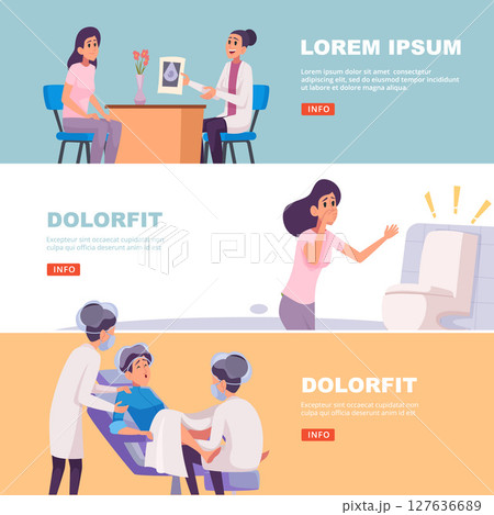 Pregnancy banners. female characters in doctor consulting for pregnancy stages Pregnancy banners. female characters in doctor consulting for pregnancy stages 127636689