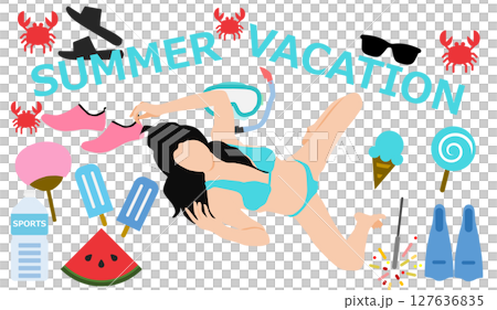 Illustration of a woman enjoying summer vacation on the beach (swimming in the sea) 127636835