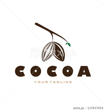 cocoa logo,cocoa bean,cocoa tree,cocoa branches and leaves,chocolate mix on white background,vintage,modern,simple,minimalist icon illustration template design vector 127637034