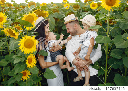 Photo of happy family. Parents and daughter. Family together in sunflower field. Man in a white shirt. 127637343