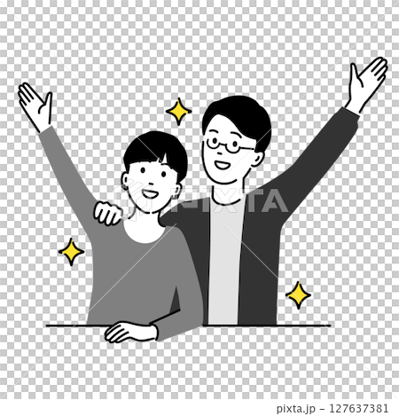 Illustration of a smiling man and woman raising their hands, upper body 127637381