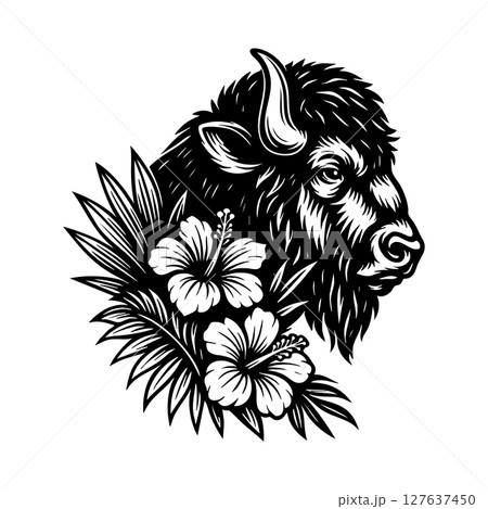 Floral vector illustration of a bison head surrounded by hibiscus and palm leaves. A perfect fusion of wild strength and tropical elegance. 127637450
