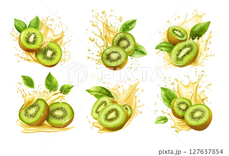 Juicy kiwi fruit fresh slices cartoon vector set. Sparkling droplets vibrant green flesh refreshing snack healthy water vitamin boost tropical vibe delicious summer sweet citrus isolated on white 127637854