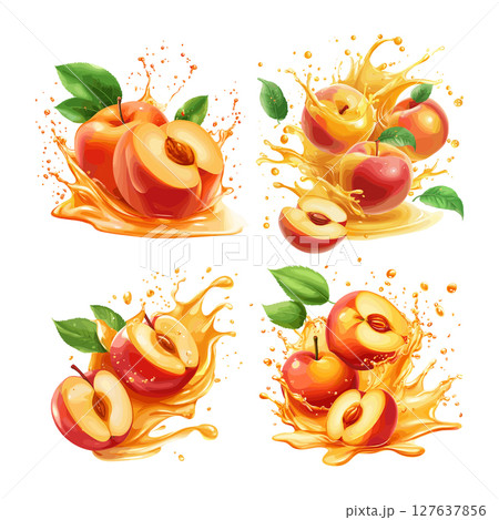 Juice peach cartoon concepts. Nectarine leaves flow sprains splashes sprays leaks splash fruits juicy swirls, drinks beverages package product design, isolated vector illustration on white backdrop 127637856