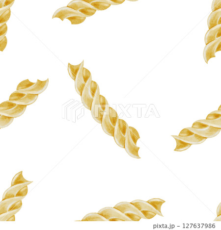 Pasta fusilli watercolor seamless pattern. Hand drawn italian macaroni on white background. Food clip art. Ideal for pasta packaging, restaurant menus and posters Pasta fusilli watercolor seamless pattern. Hand drawn italian macaroni on white background. Food clip art. Ideal for pasta packaging, restaurant menus and posters 127637986