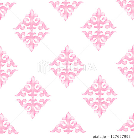 Kazakh pattern seamless watercolor. Ornament with with patterns. Hand drawn illustration on white background of Asian elements. For printing on fabrics and packaging paper for Nauryz Kazakh pattern seamless watercolor. Ornament with with patterns. Hand drawn illustration on white background of Asian elements. For printing on fabrics and packaging paper for Nauryz 127637992