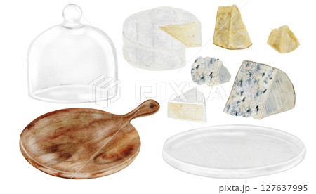 Cheese watercolor set. Hand drawn different cheeses, parmesan, brie, roquefort. And serving utensils, a plate and a clocheClip art of food on white background. Ideal for packaging of farm organic 127637995