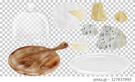 Cheese watercolor set. Hand drawn different cheeses, parmesan, brie, roquefort. And serving utensils, a plate and a clocheClip art of food on white background. Ideal for packaging of farm organic 127637995