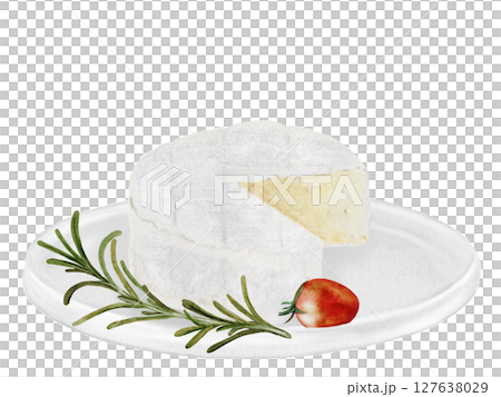 Cheese watercolor. Camembert or brie picture with cherry tomatoes and rosemary on a white plate. Hand drawn illustration of dairy cream product of French cuisine. Clip art of food on white background 127638029
