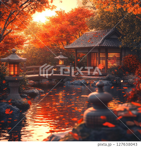 朝日に染まる紅葉庭園と静寂のひととき 127638043