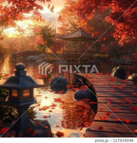 紅葉が踊る静寂の水辺と癒しの小径 127638046