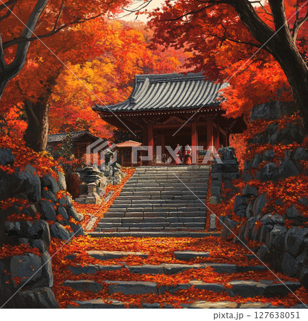 紅葉の絨毯に包まれた古寺の静寂 127638051