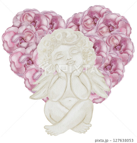 Cherub angels cupids watercolor. Hand drawn little boy with a pink heart of roses on a white background. Clip art religious. Perfect for Valentine's Day and Christening cards and posters. High quality 127638053