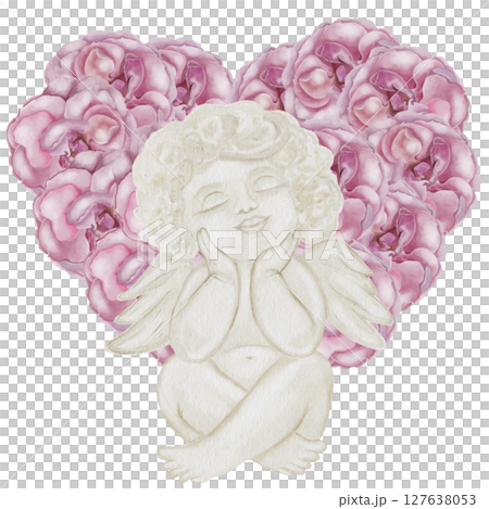 Cherub angels cupids watercolor. Hand drawn little boy with a pink heart of roses on a white background. Clip art religious. Perfect for Valentine's Day and Christening cards and posters. High quality 127638053