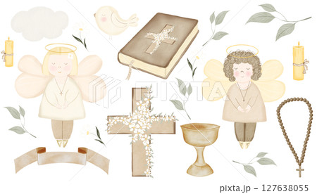 Baby baptism watercolor big set. Illustrations on isolated white background. Angels boy and girl, bible book, cross and candle. Botany elements branch, chamomile flower and bird. Candle with fire and 127638055