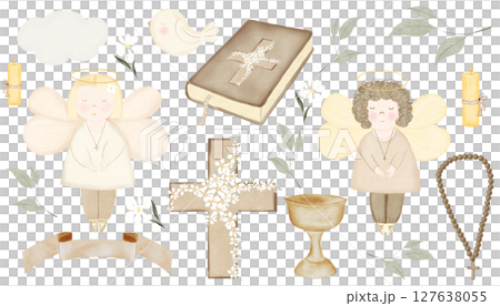 Baby baptism watercolor big set. Illustrations on isolated white background. Angels boy and girl, bible book, cross and candle. Botany elements branch, chamomile flower and bird. Candle with fire and 127638055