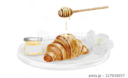 Croissant on a white plate and watercolor illustration. Hand drawn fresh french bun with honey stick and a white flower. Food clip art. Ideal for bakery prints, postcards and pastry shop posters. 127638057