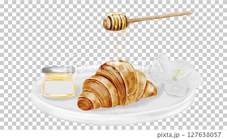 Croissant on a white plate and watercolor illustration. Hand drawn fresh french bun with honey stick and a white flower. Food clip art. Ideal for bakery prints, postcards and pastry shop posters. 127638057
