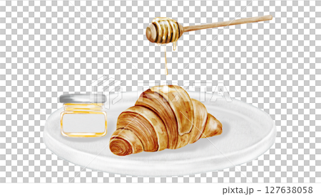 Croissant on a white plate watercolor illustration. Hand drawn fresh french bun with honey stick and drops. Food clip art. Ideal for bakery prints, postcards and pastry shop posters. 127638058