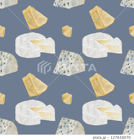 Cheese watercolor pattern. Hand drawn illustration brie, dor blue, parmesan. Clip art of food on white background. Ideal for packaging of farm organic product or restaurant menu design Cheese watercolor pattern. Hand drawn illustration brie, dor blue, parmesan. Clip art of food on white background. Ideal for packaging of farm organic product or restaurant menu design 127638070