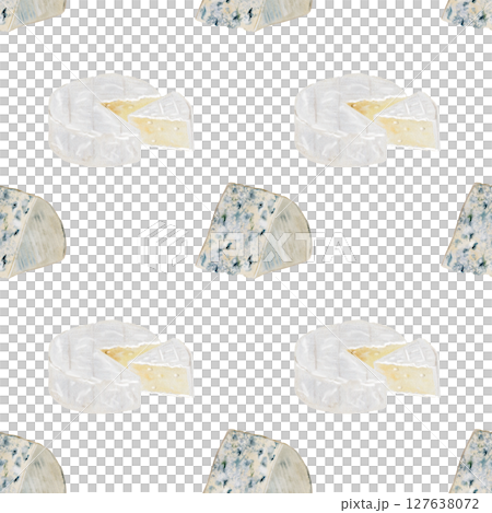 Cheese watercolor pattern. Hand drawn illustration brie, camembert, dor blue. Clip art of food on white background. Ideal for packaging of farm organic product or restaurant menu design 127638072